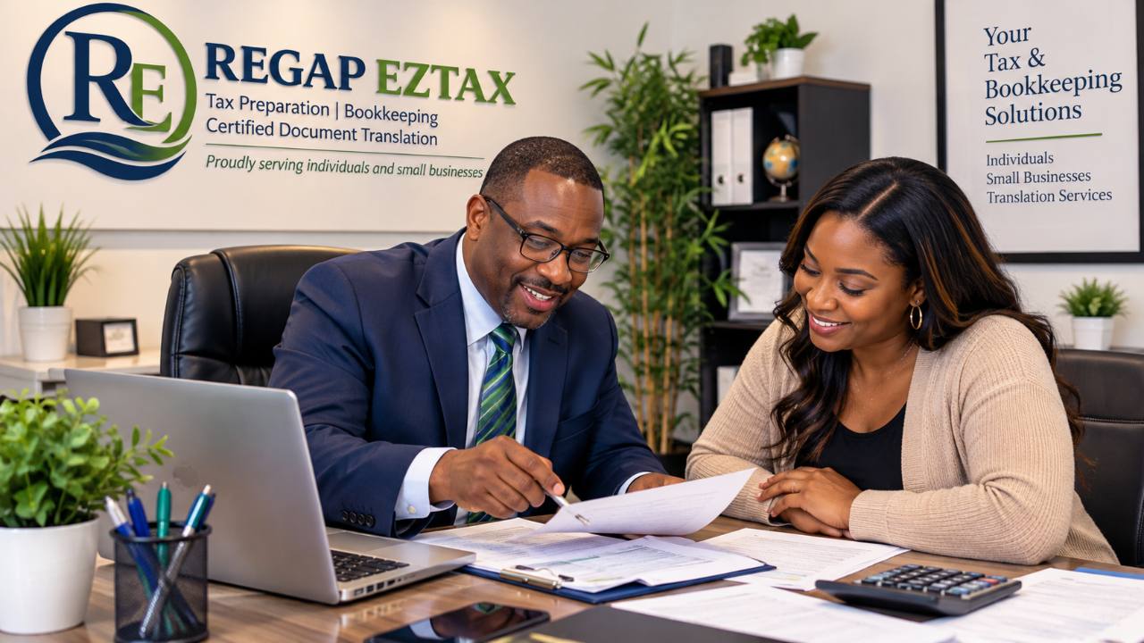 AI-generated illustration of a tax professional and a client reviewing documents in an office with REGAP EzTax branding.